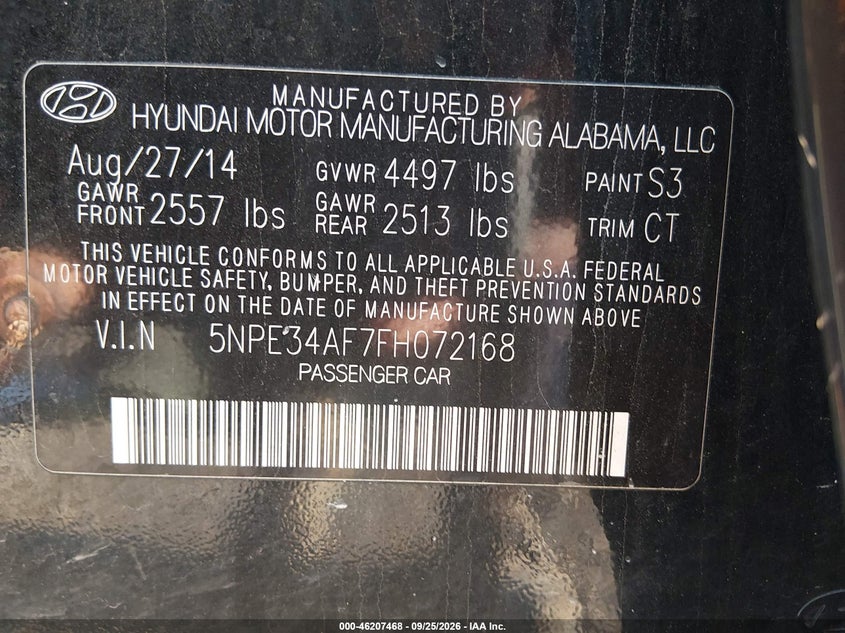 HYUNDAI SONATA 2015 VIN 5NPE34AF7FH072168