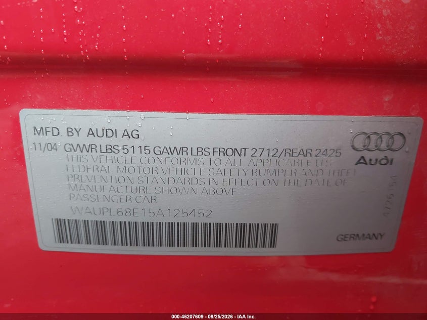 AUDI S4 2005 VIN WAUPL68E15A125452