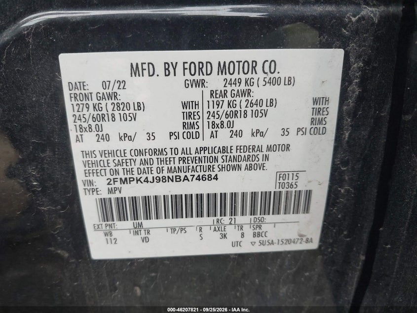 FORD EDGE 2022 VIN 2FMPK4J98NBA74684