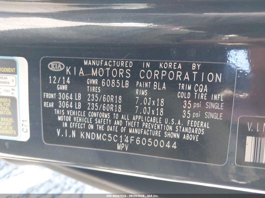 KIA SEDONA 2015 VIN KNDMC5C14F6050044
