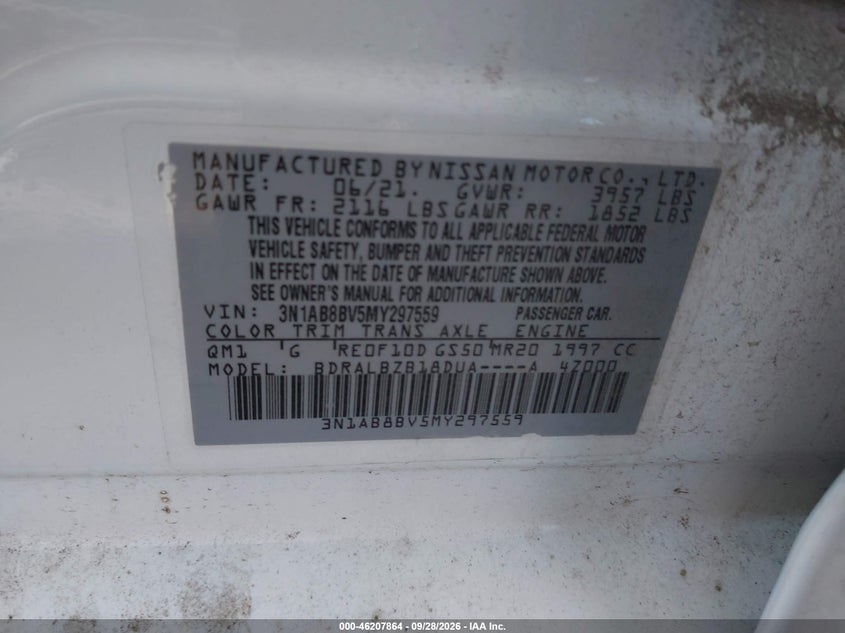 NISSAN SENTRA 2021 VIN 3N1AB8BV5MY297559