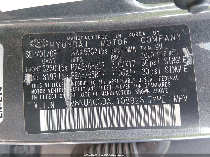 HYUNDAI VERACRUZ 2010 VIN KM8NU4CC9AU108923