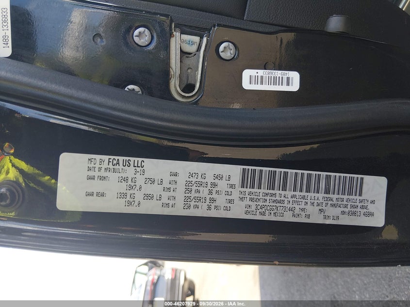 DODGE JOURNEY 2019 VIN 3C4PDCGG7KT731442