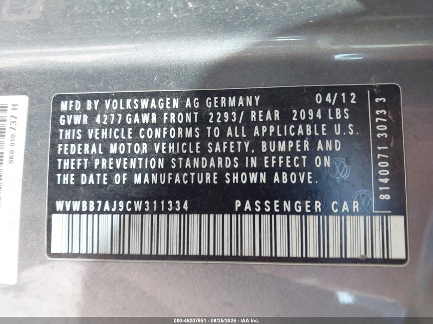 VOLKSWAGEN GOLF 2012 VIN WVWBB7AJ9CW311334