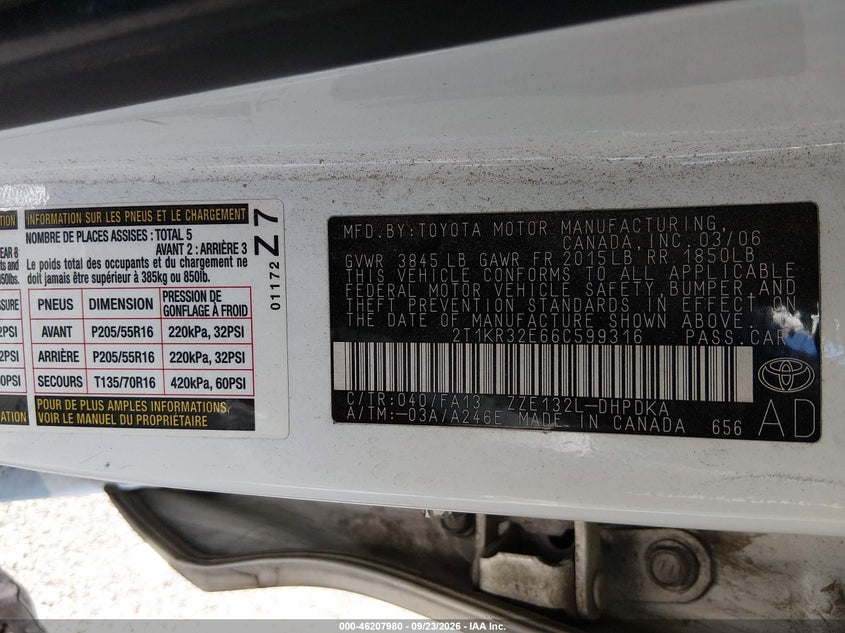 TOYOTA MATRIX 2006 VIN 2T1KR32E66C599316