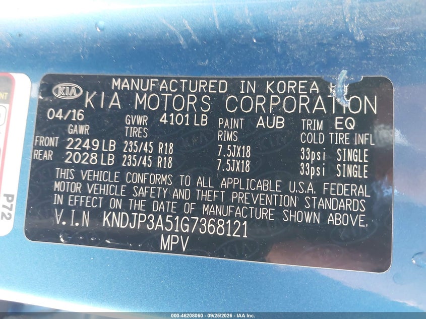 KIA SOUL 2016 VIN KNDJP3A51G7368121