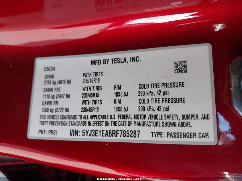 TESLA MODEL 3 2024 VIN 5YJ3E1EA6RF785287