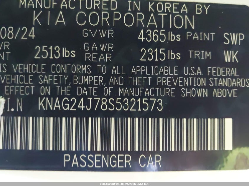 KIA K5 2025 VIN KNAG24J78S5321573