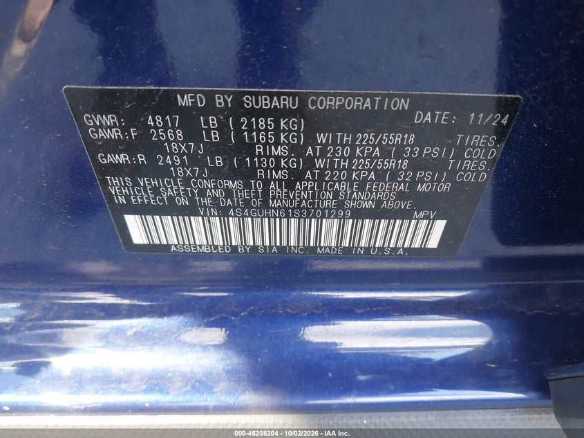 SUBARU CROSSTREK 2025 VIN 4S4GUHN61S3701299