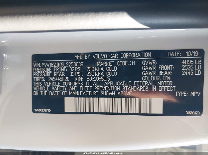 VOLVO XC40 2020 VIN YV4162UK9L2253639