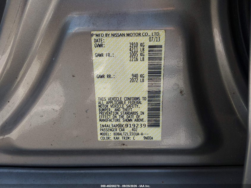 NISSAN ALTIMA 2013 VIN 1N4AL3AP0DC919239