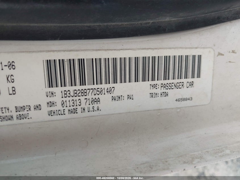 DODGE CALIBER 2007 VIN 1B3JB28B77D501407