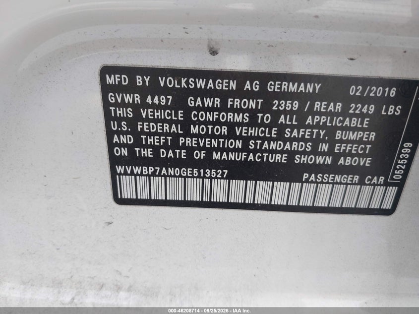 VOLKSWAGEN CC 2016 VIN WVWBP7AN0GE513527