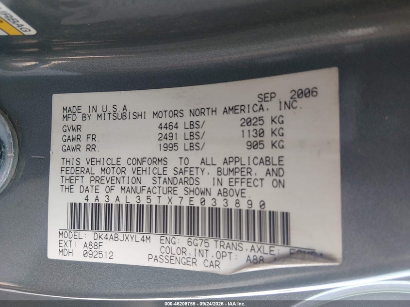MITSUBISHI ECLIPSE SPYDER 2007 VIN 4A3AL35TX7E033890