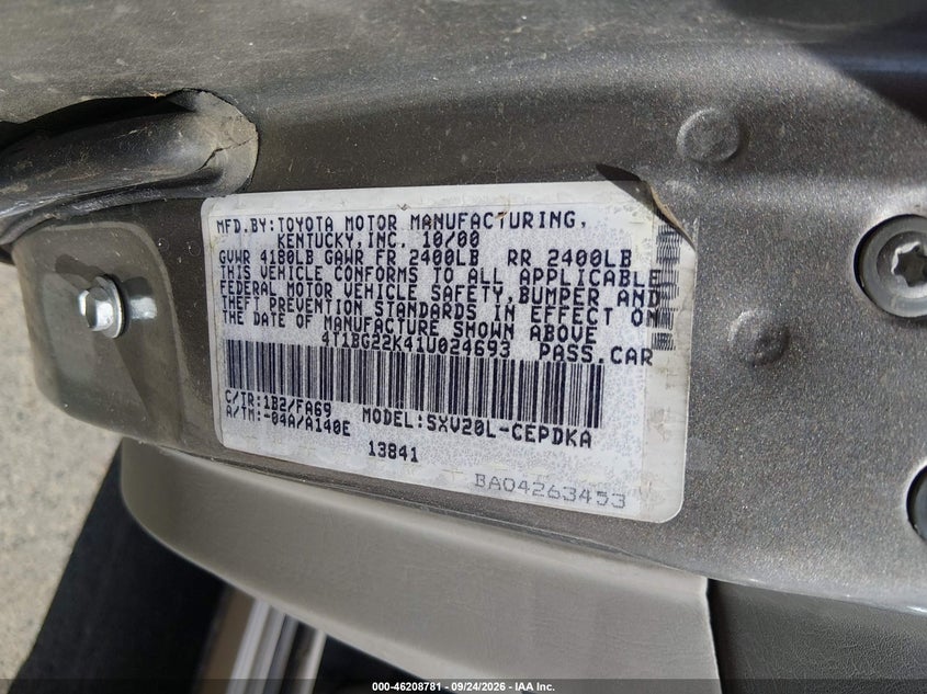 TOYOTA CAMRY 2001 VIN 4T1BG22K41U024693