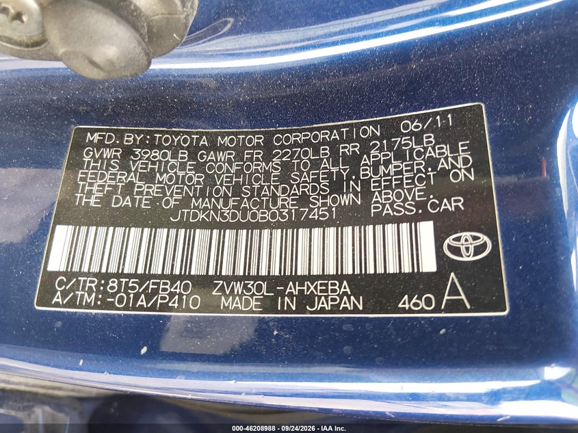 TOYOTA PRIUS 2011 VIN JTDKN3DU0B0317451