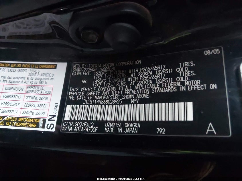 TOYOTA 4RUNNER 2006 VIN JTEBT14R868028925