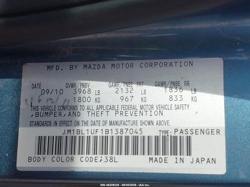 MAZDA MAZDA3 2011 VIN JM1BL1UF1B1387045