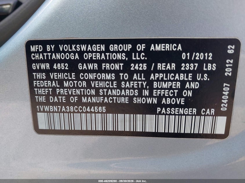 VOLKSWAGEN PASSAT 2012 VIN 1VWBN7A38CC044565