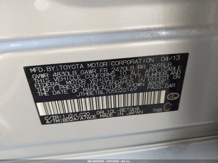 LEXUS GS 350 2013 VIN JTHBE1BL7D5022169