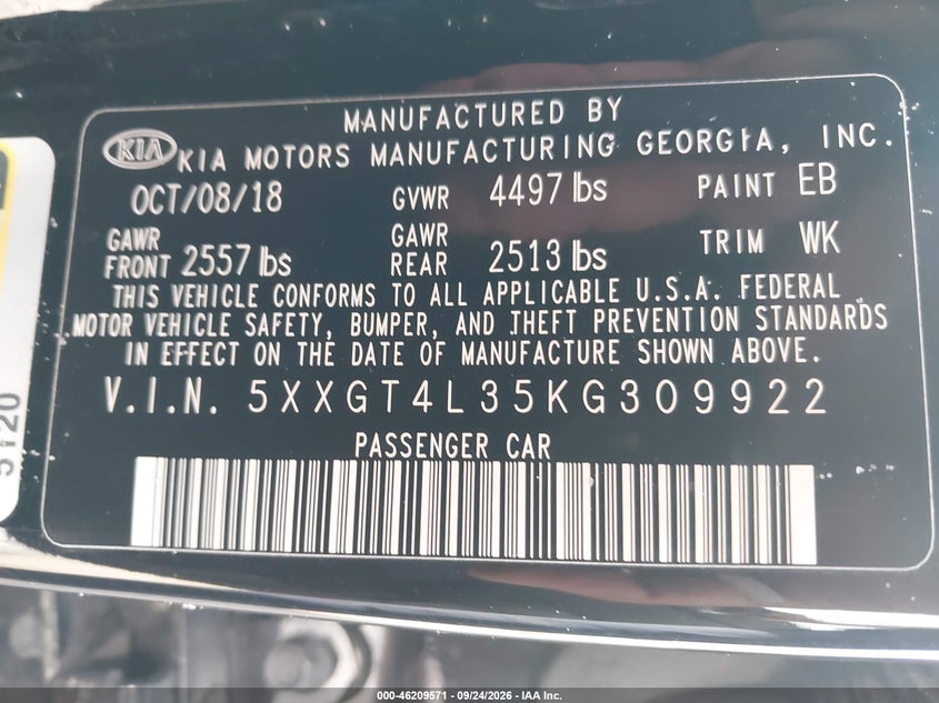 KIA OPTIMA 2019 VIN 5XXGT4L35KG309922