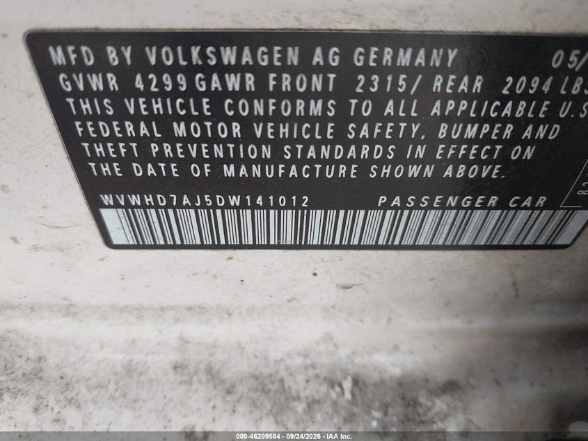 VOLKSWAGEN GTI 2013 VIN WVWHD7AJ5DW141012