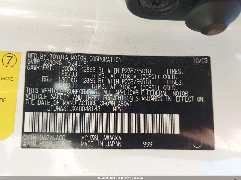 LEXUS RX 330 2004 VIN JTJHA31UX40048143