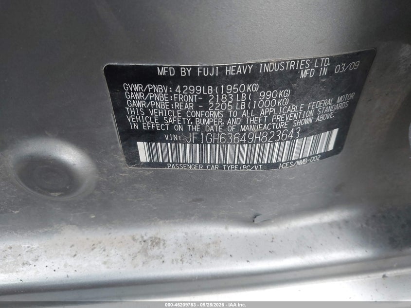 SUBARU IMPREZA OUTBACK SPORT 2009 VIN JF1GH63649H823643