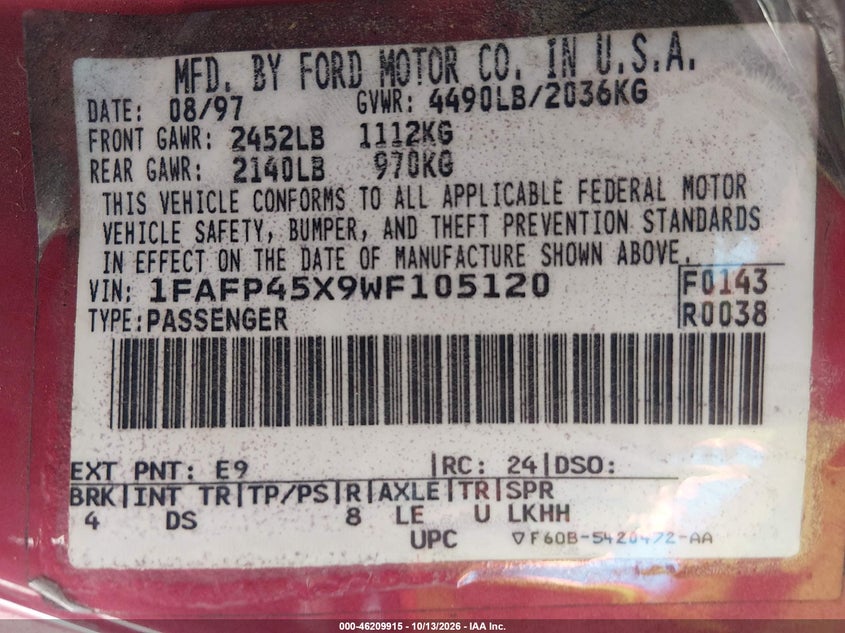 FORD MUSTANG 1998 VIN 1FAFP45X9WF105120