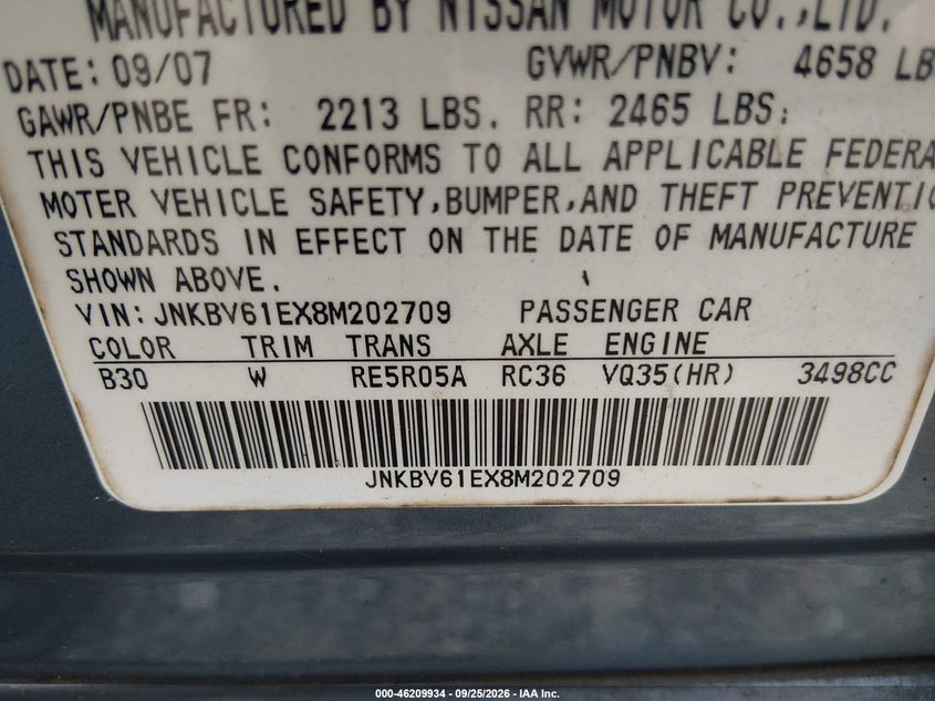INFINITI G35 2008 VIN JNKBV61EX8M202709