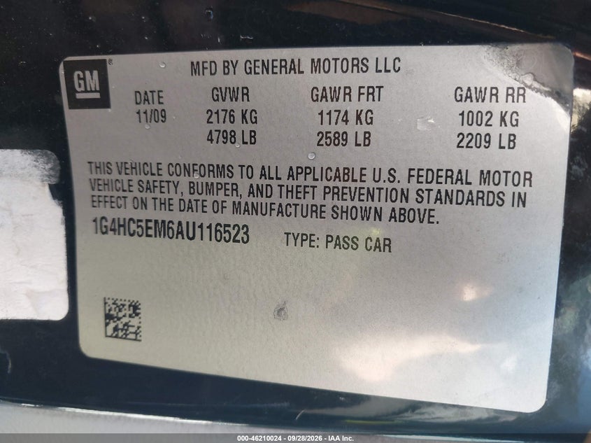 BUICK LUCERNE 2010 VIN 1G4HC5EM6AU116523