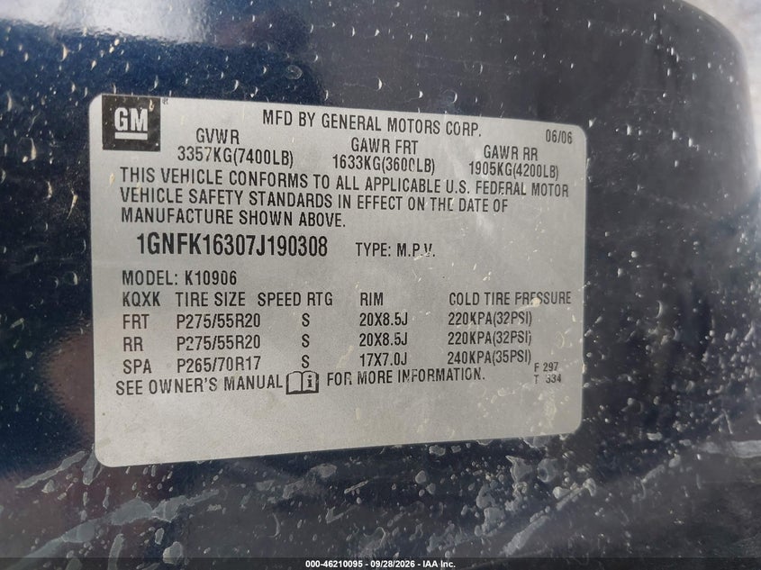 CHEVROLET SUBURBAN 2007 VIN 1GNFK16307J190308