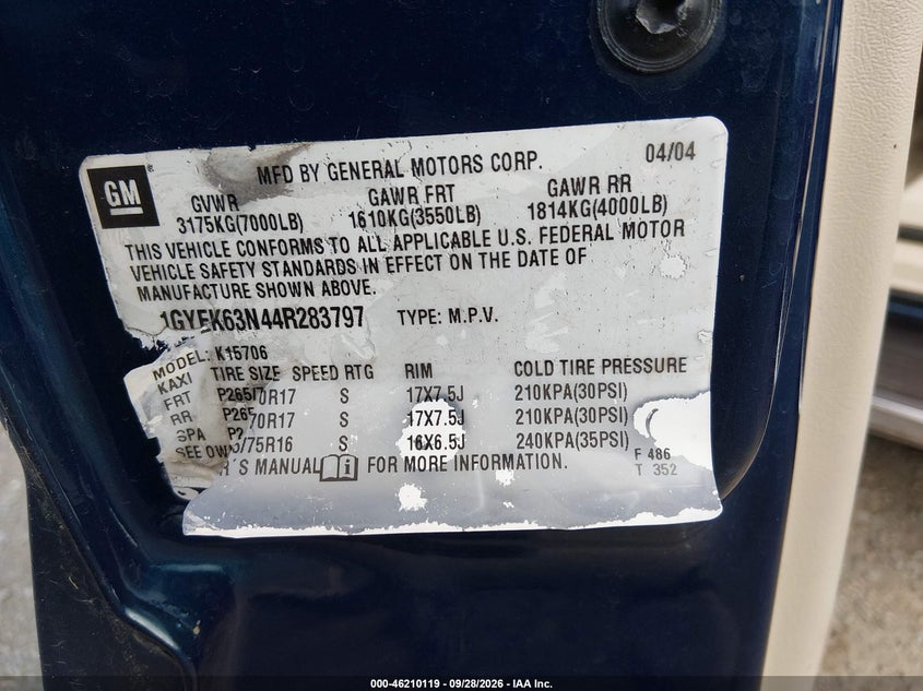 CADILLAC ESCALADE 2004 VIN 1GYEK63N44R283797