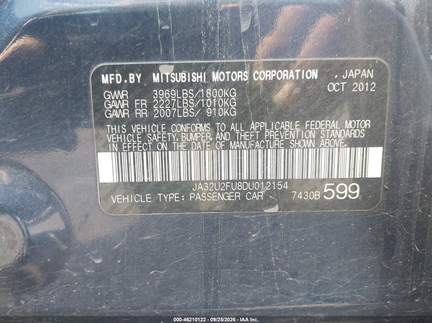 MITSUBISHI LANCER 2013 VIN JA32U2FU8DU012154