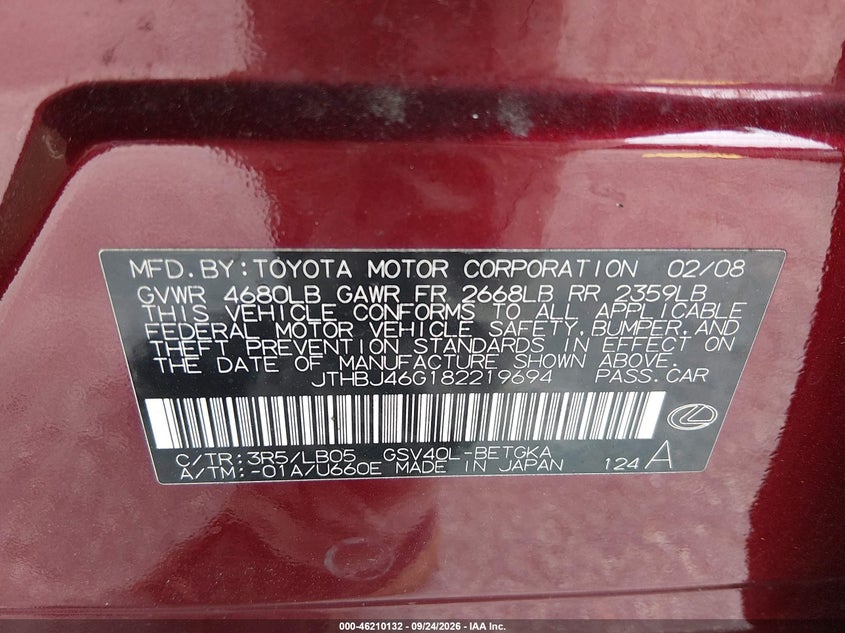 LEXUS ES 350 2008 VIN JTHBJ46G182219694