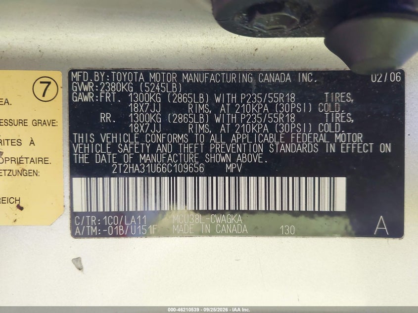 LEXUS RX 330 2006 VIN 2T2HA31U66C109656