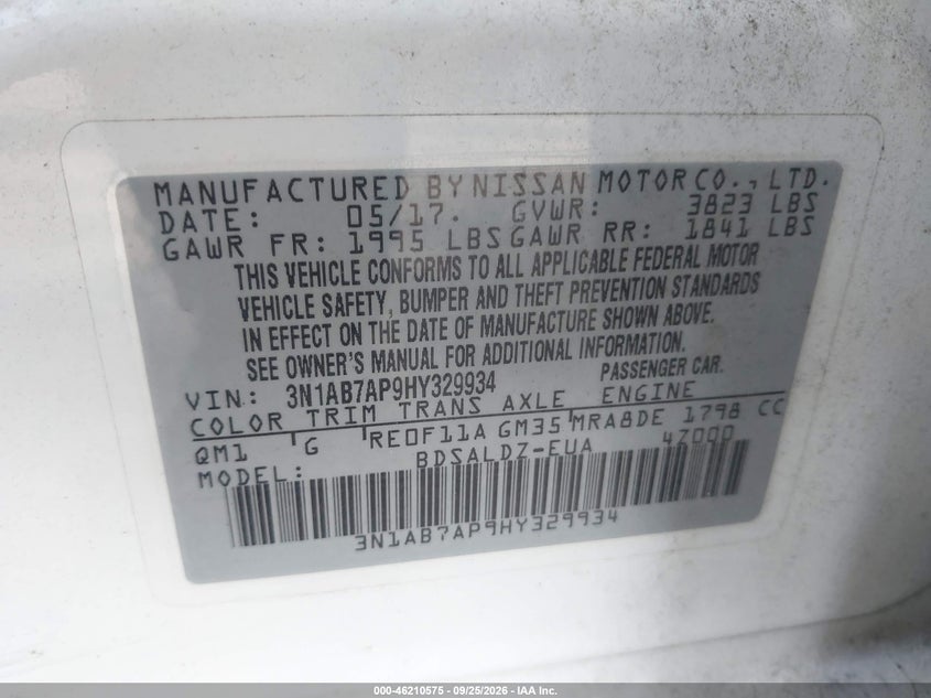 NISSAN SENTRA 2017 VIN 3N1AB7AP9HY329934