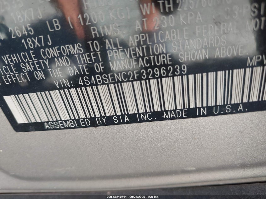SUBARU OUTBACK 2015 VIN 4S4BSENC2F3296239