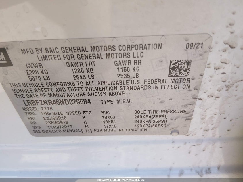 BUICK ENVISION 2022 VIN LRBFZNR46ND029584