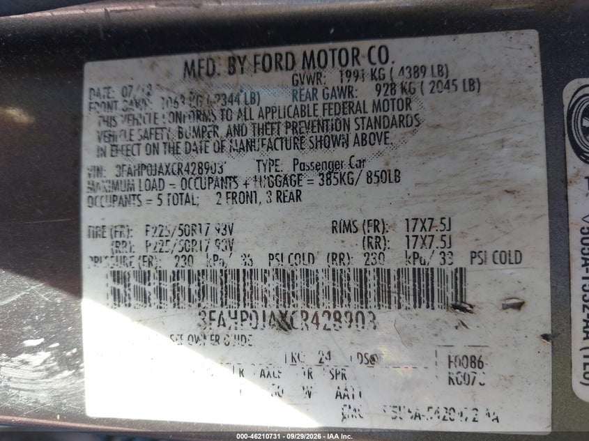 FORD FUSION 2012 VIN 3FAHP0JAXCR428903