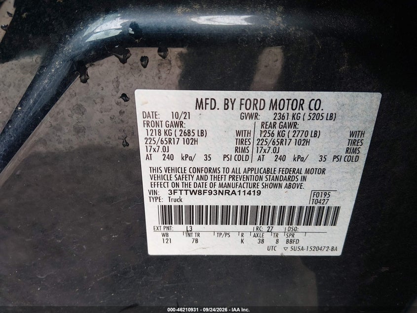 FORD MAVERICK 2022 VIN 3FTTW8F93NRA11419