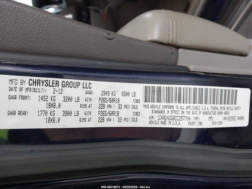DODGE DURANGO 2012 VIN 1C4RDHDG8CC257704