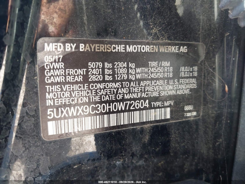 BMW X3 2017 VIN 5UXWX9C30H0W72604