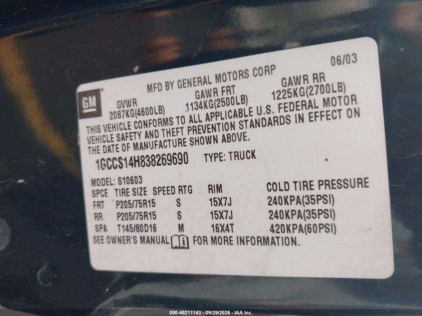 CHEVROLET S-10 2003 VIN 1GCCS14H838269690