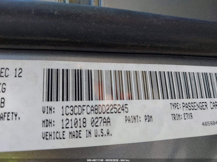 DODGE DART 2013 VIN 1C3CDFCA8DD225245