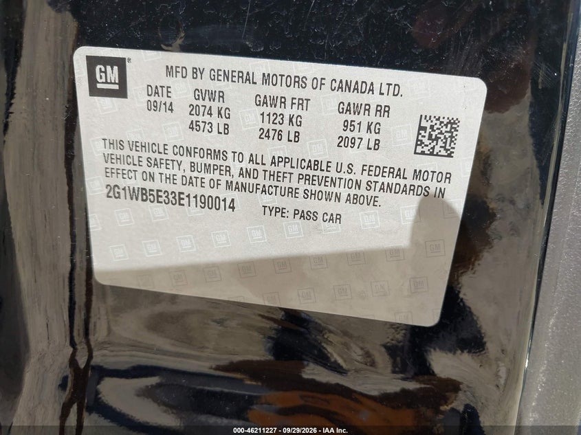 CHEVROLET IMPALA LIMITED 2014 VIN 2G1WB5E33E1190014