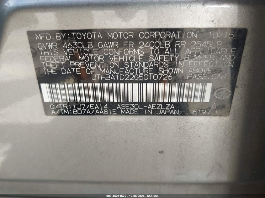 LEXUS IS 200T 2016 VIN JTHBA1D22G5010726