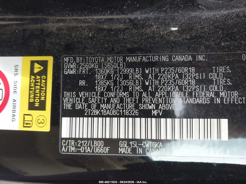 LEXUS RX 350 2011 VIN 2T2BK1BA0BC118326