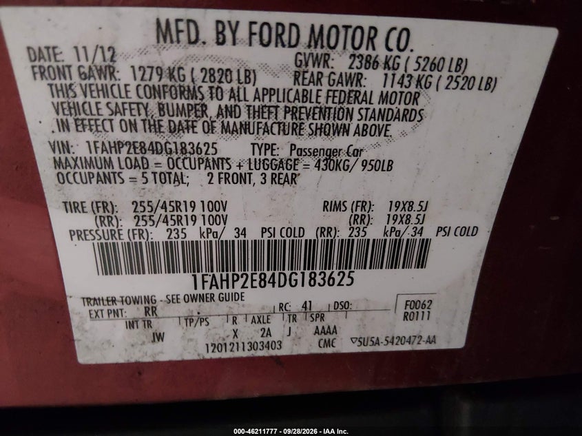 FORD TAURUS 2013 VIN 1FAHP2E84DG183625