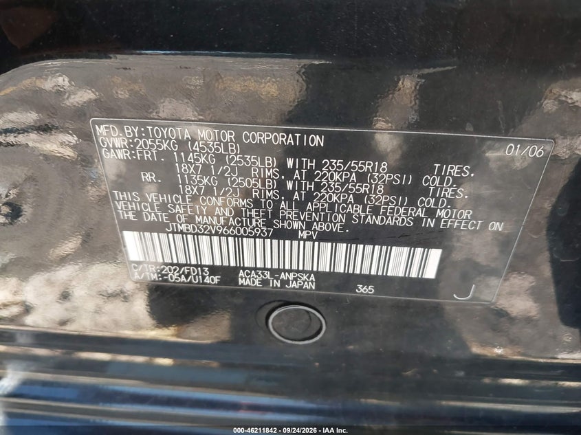 TOYOTA RAV4 2006 VIN JTMBD32V966005937